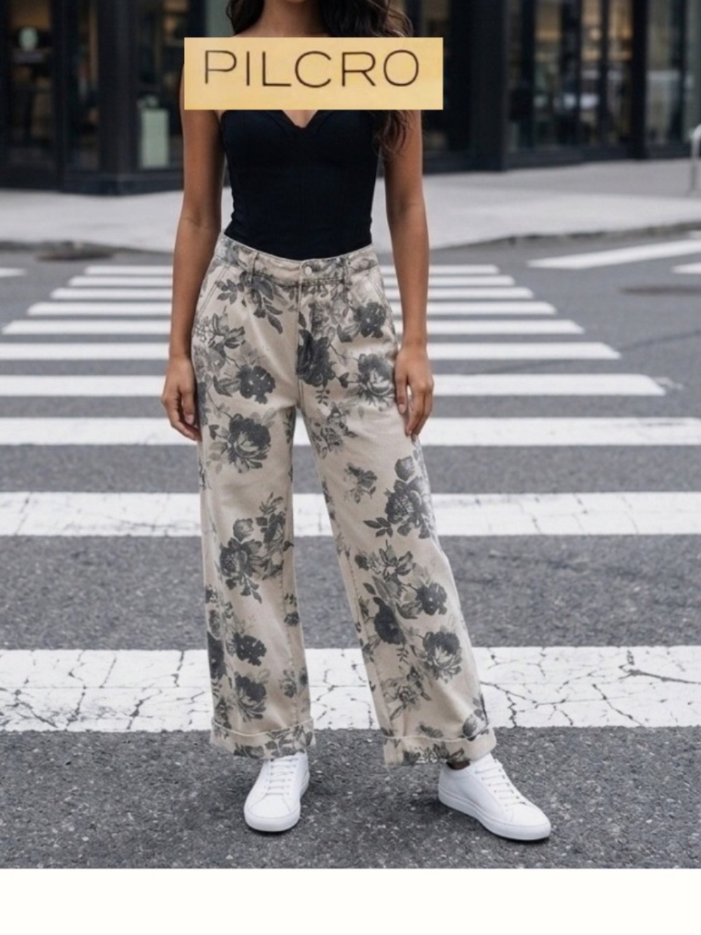 Pilcro The Leon grey floral wide leg,hi rise cuffed jeans,